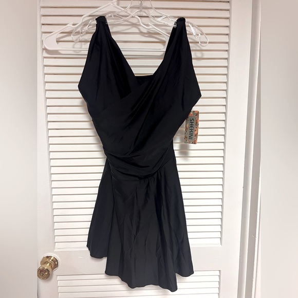 SHEKINI Elegant One Piece Swimdress Tummy Control Crossover Skirted Swimsuit - Picture 3 of 8